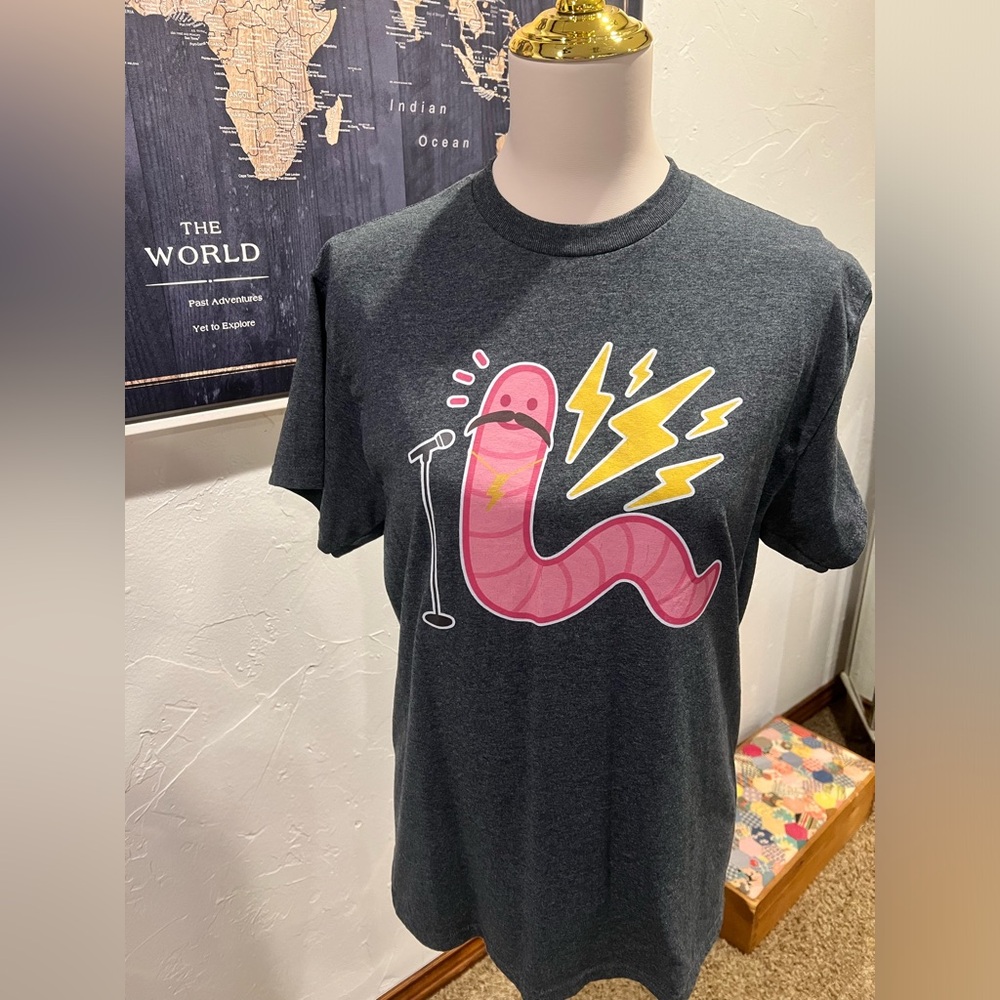 “He looks like a worm with a mustache” Tee shirt from Etsy